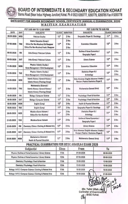 Kohat Board Announces HSSC Datesheet 2026 Theory Exams From May 6 Kohat Board Inter Datesheet 2026 
